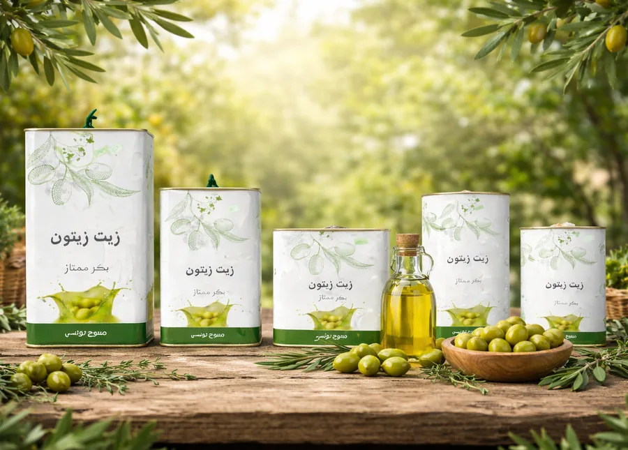 Bidons métalliques d’huile d’olive et olives, dans une oliveraie.