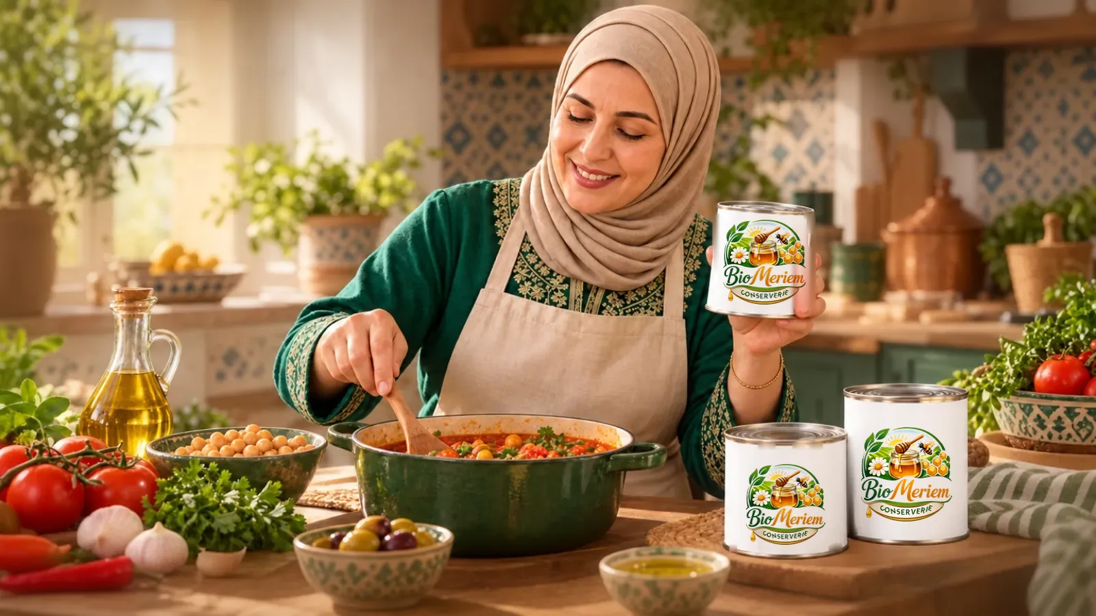 Une cuisinière prépare un plat mijoté, à côté de boîtes Conserverie Bio Meriem.