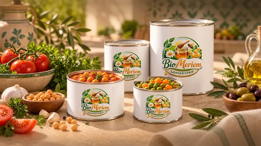 Boîtes Conserverie Bio Meriem et légumes cuisinés.