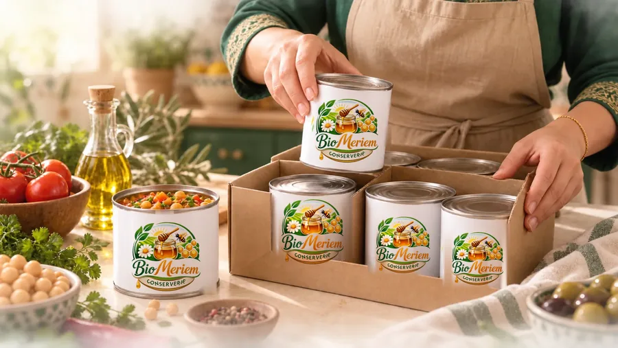 Boîtes Conserverie Bio Meriem rangées dans un carton.